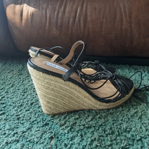 Steve Madden Starlight Black Strappy Wedge Espadrilles 9M - Picture 7 of 15